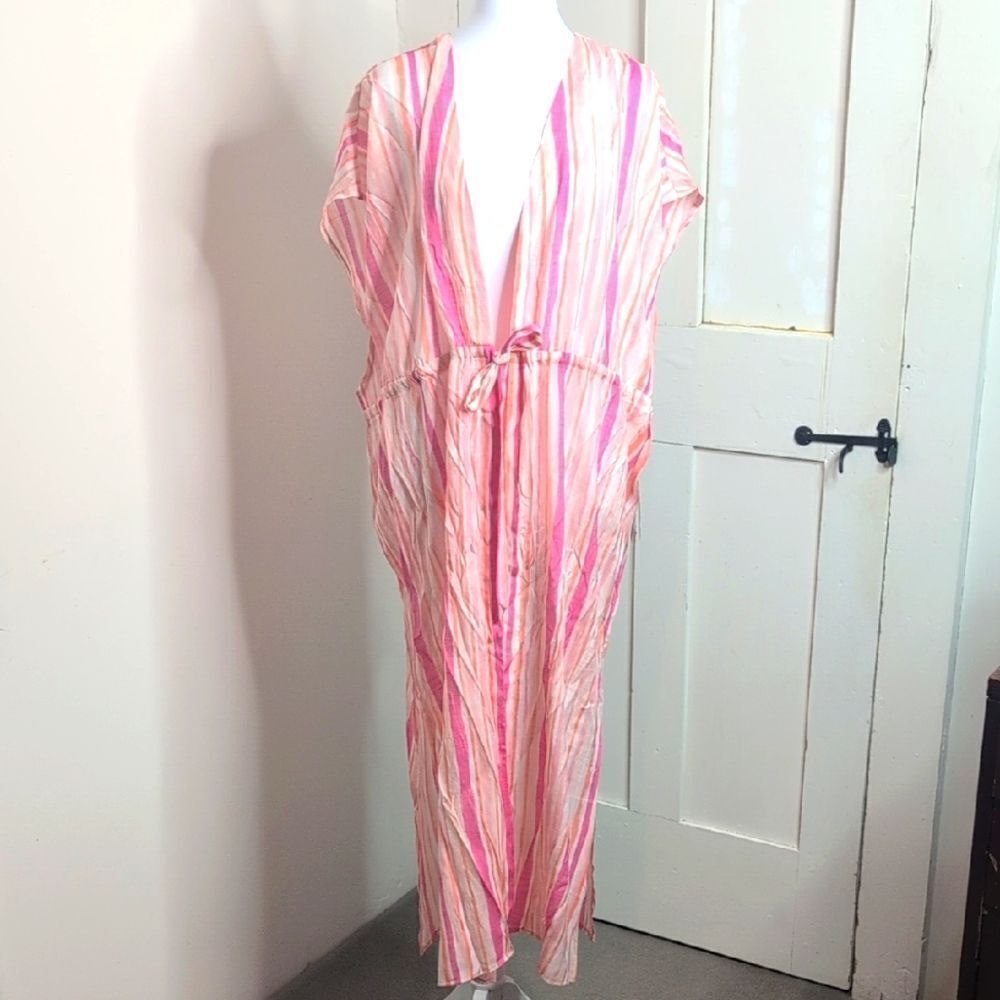 Coastal Comfort XXL Pink Flambe Striped Open Front Bathing Suit Cover Up, NEW